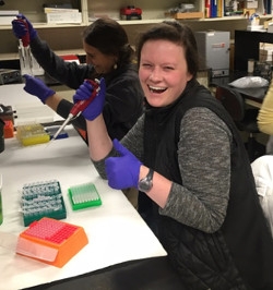 Graduate student (and former Blandy REU undergraduate) Kate LeCroy extracts DNA from mason bees (former M.S. student Maria Van Dyke in background).